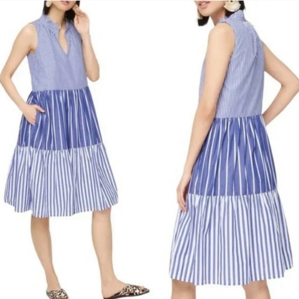 NWOT J. Crew Blue White Stripe Mixed Media Tiered Popover Flowy Midi Dress XS